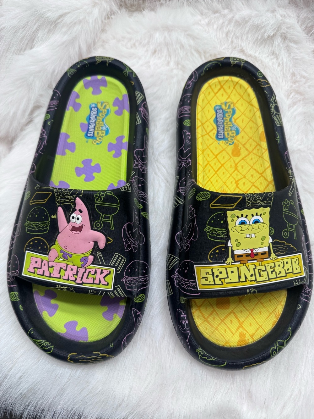 SpongeBob Squarepants MEN Black Slides with Yellow & Lime Green Insoles